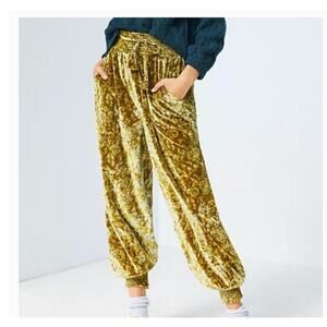Anthropologie Gloria Velvet Joggers High Waist Smocked Pockets Green Size XS